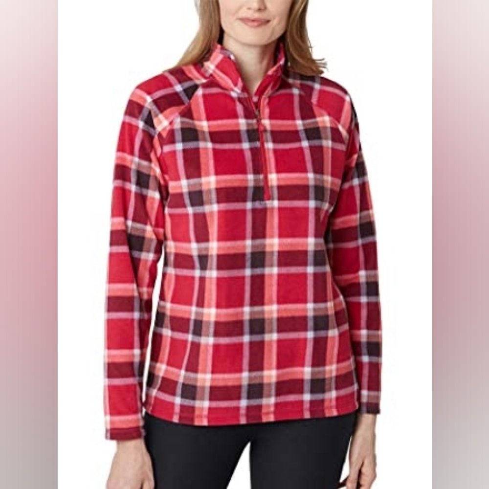 Eddie Bauer Plaid Mock Neck Half Zip Fleece Sweatshirt, Small, Pink